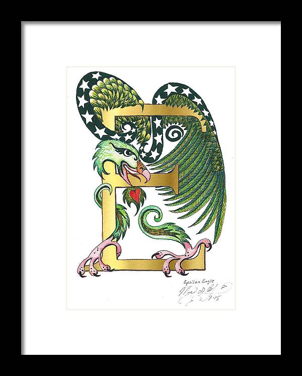Epsilon Framed Print featuring the painting Epsilon Eagle in Green and Digital gold by Melinda Dare Benfield