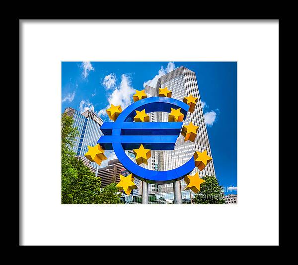 Frankfurt Am Main Framed Print featuring the photograph Euro sign at European Central Bank in Frankfurt, Germany by JR Photography