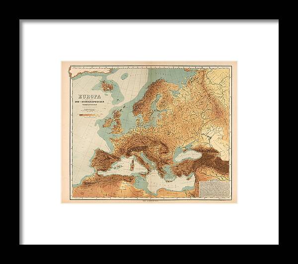 Antique Relief Map Framed Print featuring the drawing Europe - Geological Map showing Land and Water Resources - Historical Map - Antique Relief Map by Studio Grafiikka