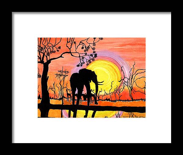 Africa Framed Print featuring the painting Evening At The Pond by Connie Valasco