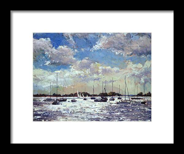 Twilight; Dusk; Romantic; Sailboat; Sail; Boat; Yacht; Sea; Marine; Sunlight; Coast; Coastal; Mooring; North-west France; Bay Of Biscay; Sailing; Clouds; Sky; France Framed Print featuring the painting Evening Light - Gulf of Morbihan by Christopher Glanville