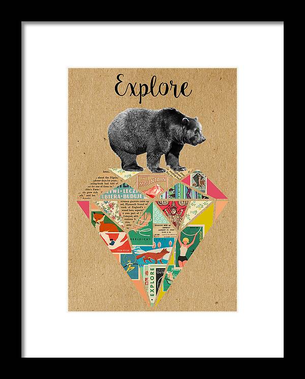 Explore Framed Print featuring the mixed media Explore Bear by Claudia Schoen