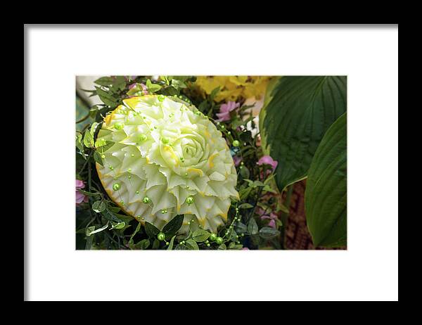Carved Melon Framed Print featuring the photograph Extravagant Jeweled Dishes - Carved Melon Flower With Green Pearls by Georgia Mizuleva