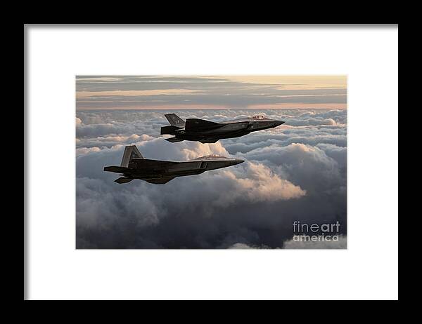 F35 And F22 Framed Print featuring the digital art F22 with F35 by Airpower Art