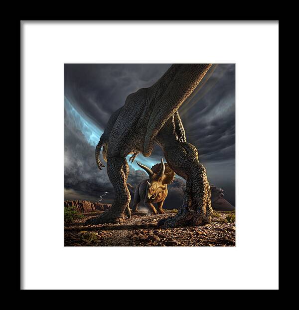 Dinosaur Framed Print featuring the digital art Face Off by Jerry LoFaro