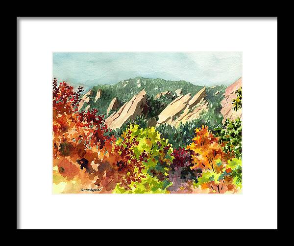 Red Leaves Art Framed Print featuring the painting Fall Flatirons by Anne Gifford