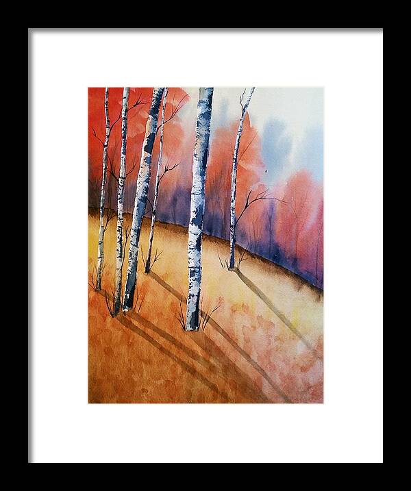 Watercolor Framed Print featuring the painting Fall In The Birches by Brenda O'Quin