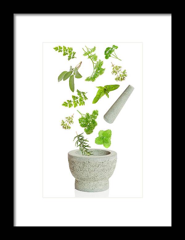 Pestle Framed Print featuring the photograph Falling Herbs by Amanda Elwell