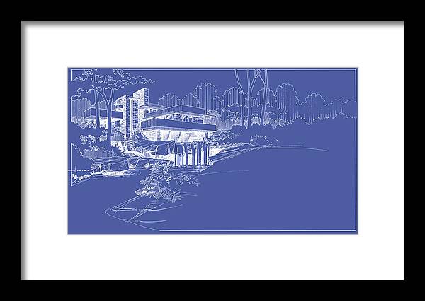 Fallingwater Framed Print featuring the drawing Fallingwater blueprint reverse by Larry Hunter
