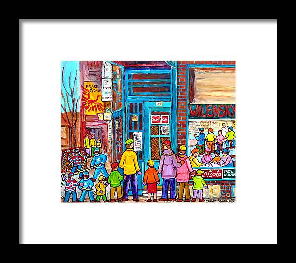 Montreal Framed Print featuring the painting Family Day At Wilensky Lunch Counter Montreal Street Hockey Winter Scene Carole Spandau by Carole Spandau