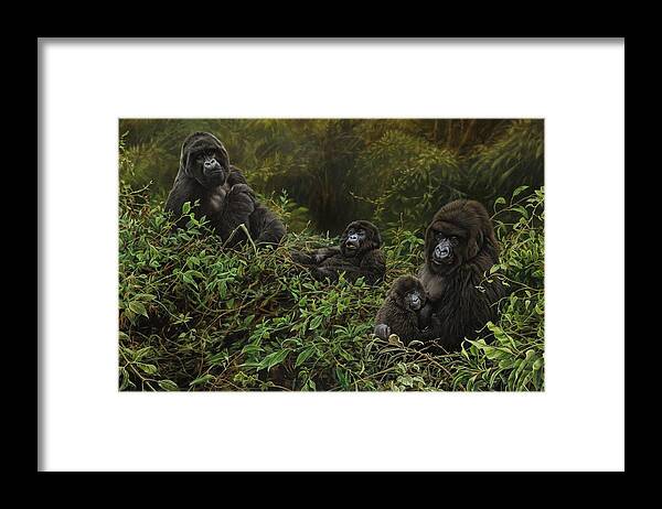Mountain Gorillas Framed Print featuring the painting Family of Gorillas by Alan M Hunt