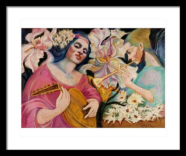 Faries Playing Music In A Huge Garden Of Flowers Pastel Painting Fantasy Framed Print featuring the pastel Farie Music by Pamela Mccabe