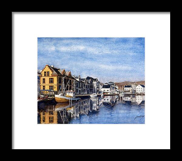 Farsund Norway Framed Print featuring the painting Farsund Dock Scene 2 by Janet King