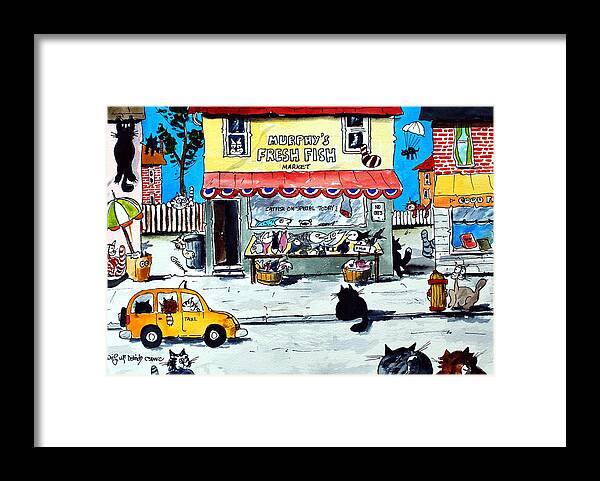 Cartoon Cats Fun Fishmongers Framed Print featuring the painting Fatal Attraction by Wilfred McOstrich
