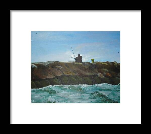 Fishing Framed Print featuring the painting Father and Son Fishing by Rita Tortorelli
