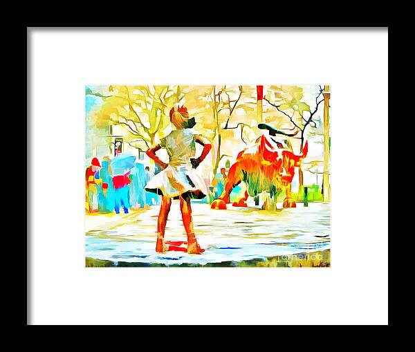 Fearless Girl Statue Framed Print featuring the photograph Fearless Girl and Wall Street Bull Statues 6 Watercolor by Nishanth Gopinathan
