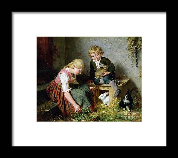 Feeding Framed Print featuring the painting Feeding the Rabbits by Felix Schlesinger