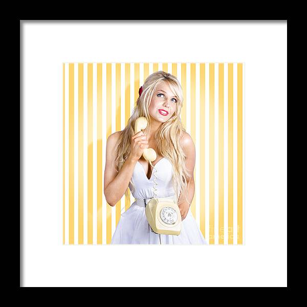 Vintage Framed Print featuring the photograph Female model with phone in classic retro fashion by Jorgo Photography