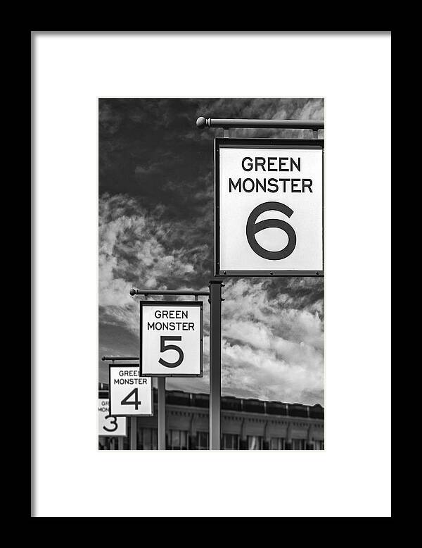 Green Monster Framed Print featuring the photograph Fenway Park Green Monster Section Signs BW by Susan Candelario