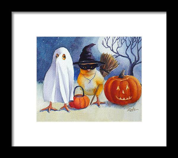 Baby Chicks Art Framed Print featuring the painting Ferdinand and Nina Trick or Treat by Janet Zeh