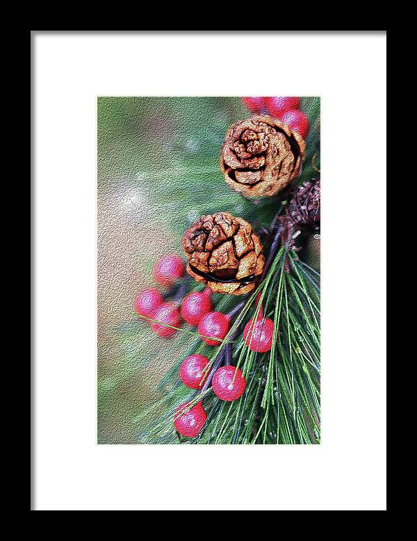 Berries Framed Print featuring the photograph Festive Berries and Cones by Vanessa Thomas