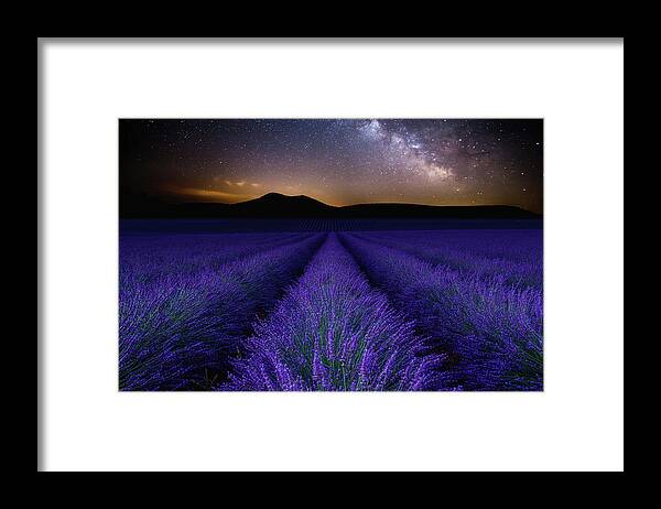 Night Stars Waterscape Lavender Mood Fields Provence Milkyway Clouds Nature Blue Sky Landscape Scenic Sea Nightscape Wonder Clouds Europe Framed Print featuring the photograph Fields of Eden by Jorge Maia