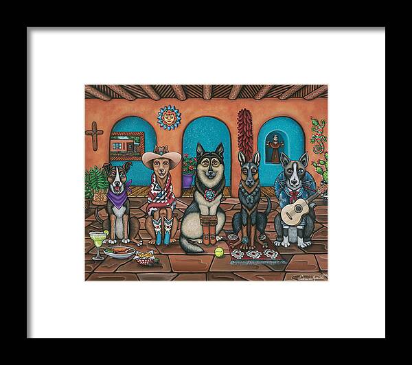 Dogs Framed Print featuring the painting Fiesta Dogs by Victoria De Almeida