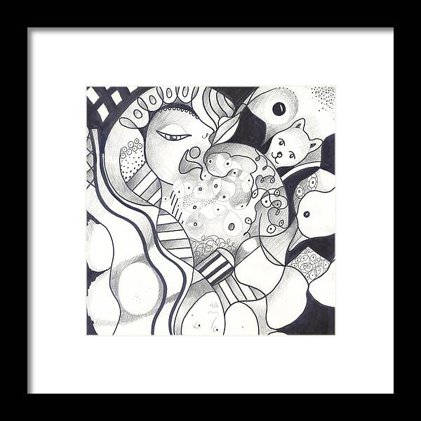 Figurative Abstraction Framed Print featuring the drawing Finding The Goose That Laid The Egg by Helena Tiainen