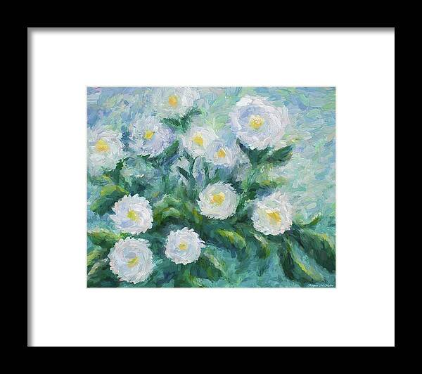 White Flowers Painted On A Periwinkle And Green Background Framed Print featuring the painting Finger Painted Garden Flowers by Barbara McMahon