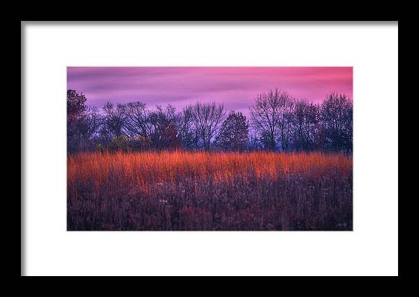 Wisconsin Landscape Framed Print featuring the photograph Fire and Ice - Sunset and Prairie at Retzer Nature Center by Jennifer Rondinelli Reilly - Fine Art Photography