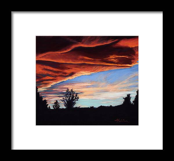 Sunset Framed Print featuring the painting Fire in the Sky by Mary Benke