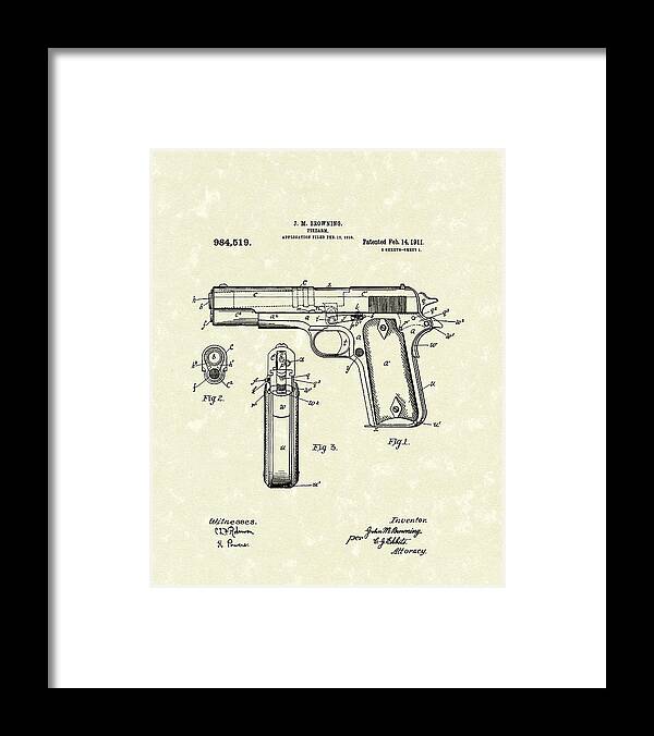 Browning Framed Print featuring the drawing Firearm 1911 Patent Art by Prior Art Design