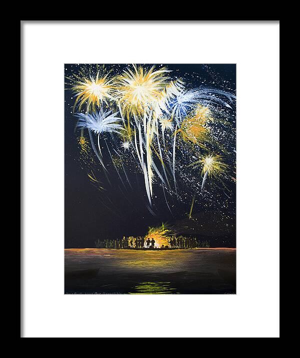 Fireworks Framed Print featuring the painting Fireworks Bonfire on the West bar by Charles Harden