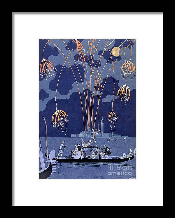 Art Deco; Stencil Framed Print featuring the painting Fireworks in Venice by Georges Barbier