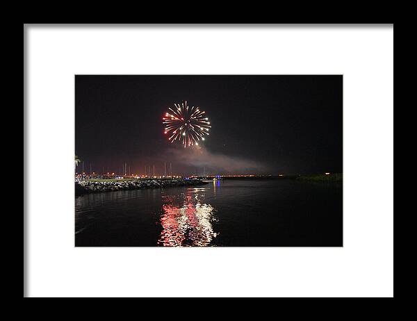 Fireworks Framed Print featuring the photograph Fireworks Over Water 2 by Vicki Lewis