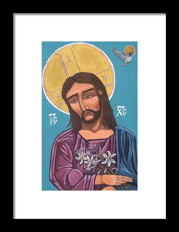 Religious Iconography Framed Print featuring the painting First Icon, Christ Consider the Lilies by Kelly Latimore