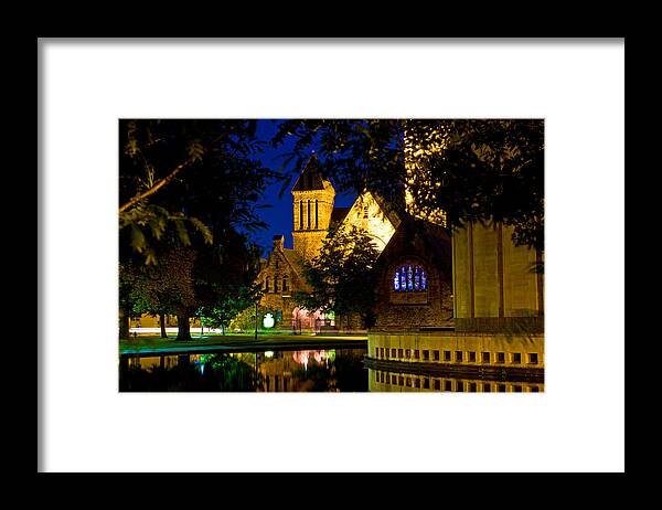 Church Night Water Blue Black Windows Refection Framed Print featuring the photograph First Presbyterian From Kleinhans by Don Nieman