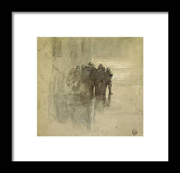 Winslow Homer Framed Print featuring the drawing Fishermen in Oilskins, Cullercoats, England, 1881 by Winslow Homer