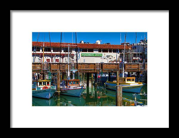 Bonnie Follett Framed Print featuring the photograph Fishermens Grotto with Wharf Boats by Bonnie Follett
