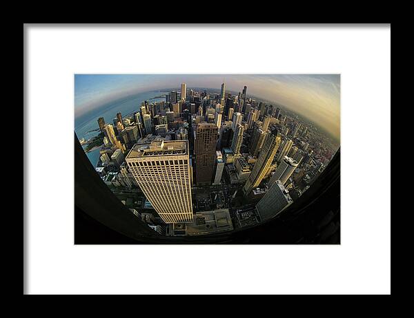 Fisheye Framed Print featuring the photograph Fisheye view of Dowtown Chicago from above by Sven Brogren