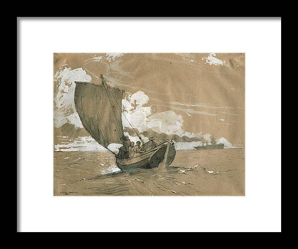 Winslow Homer Framed Print featuring the glass art Fishing off Scarborough by Winslow Homer