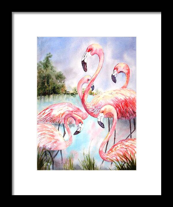 Birds Framed Print featuring the painting Five Flamingos by Diane Kirk