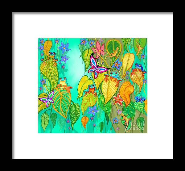 Frogs Framed Print featuring the digital art Five Happy Frogs by Nick Gustafson