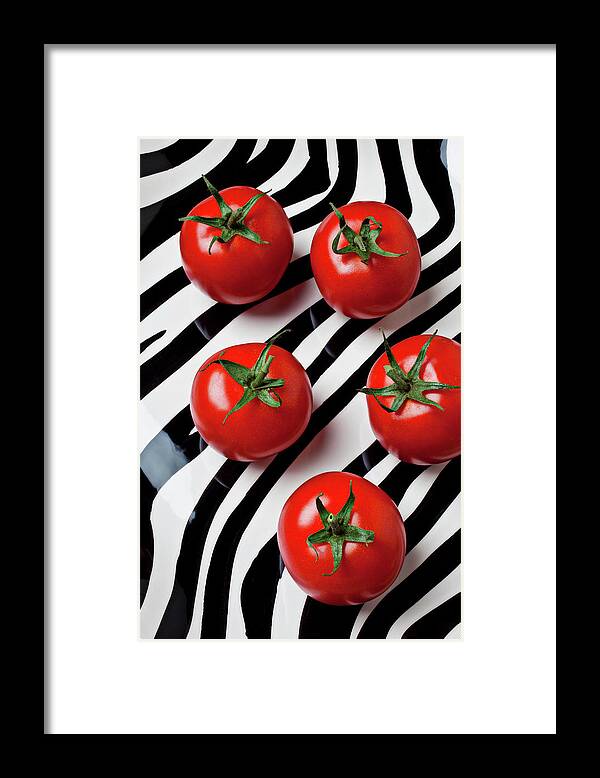 Tomato Framed Print featuring the photograph Five tomatoes by Garry Gay