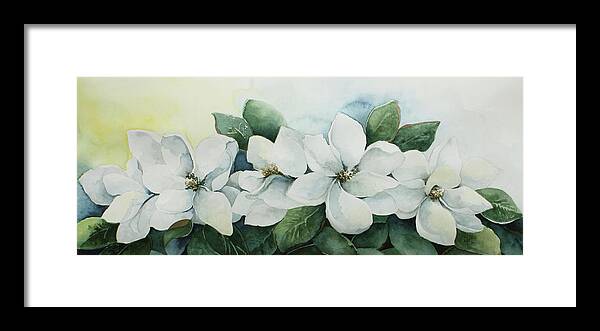 Magnolias Framed Print featuring the painting Five White Ladies by Lael Rutherford