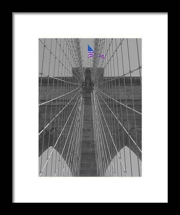 Flag Framed Print featuring the pyrography Flag on Brooklyn bridge by Habib Ayat