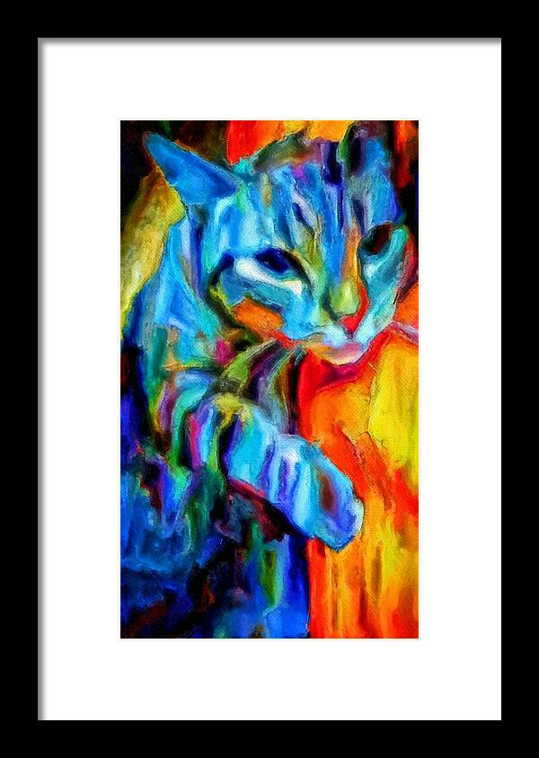 Flaming Framed Print featuring the painting Flaming blue and orange kitty cat tiger resting gently from the prowl by MendyZ