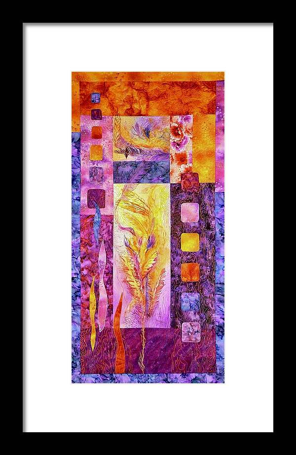 Feathers Printed On Cotton Fabrics Framed Print featuring the tapestry - textile Flaming Feathers by Pat Dolan