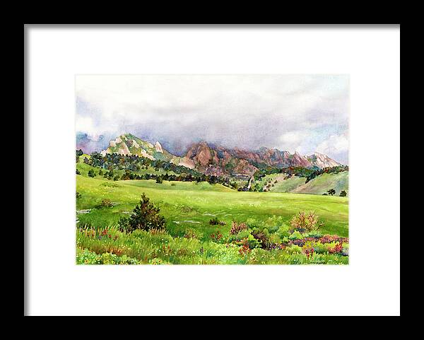 Flatirons Painting Framed Print featuring the painting Flatirons Vista by Anne Gifford