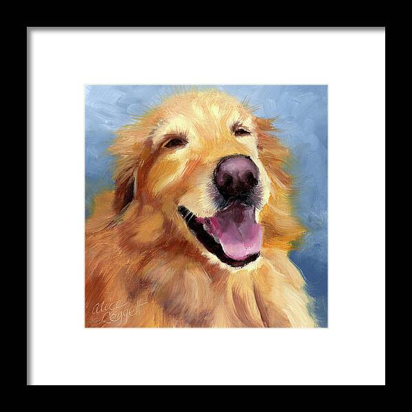 Golden Retriever Framed Print featuring the painting Fletcher Laughing by Alice Leggett